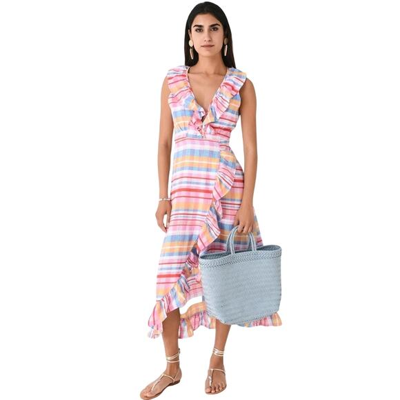 Never a Wallflower Dresses & Skirts - Never A Wallflower Ruffle Long Wrap Linen Dress Pink Spanish Plaid Sz M
